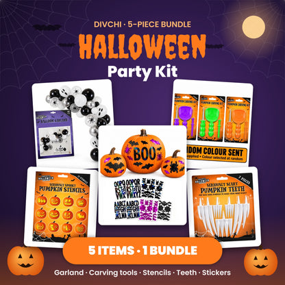 DIVCHI Halloween Party Kit – 5-piece bundle: balloon garland, pumpkin carving tools, carving stencils, pumpkin teeth and decorating stickers