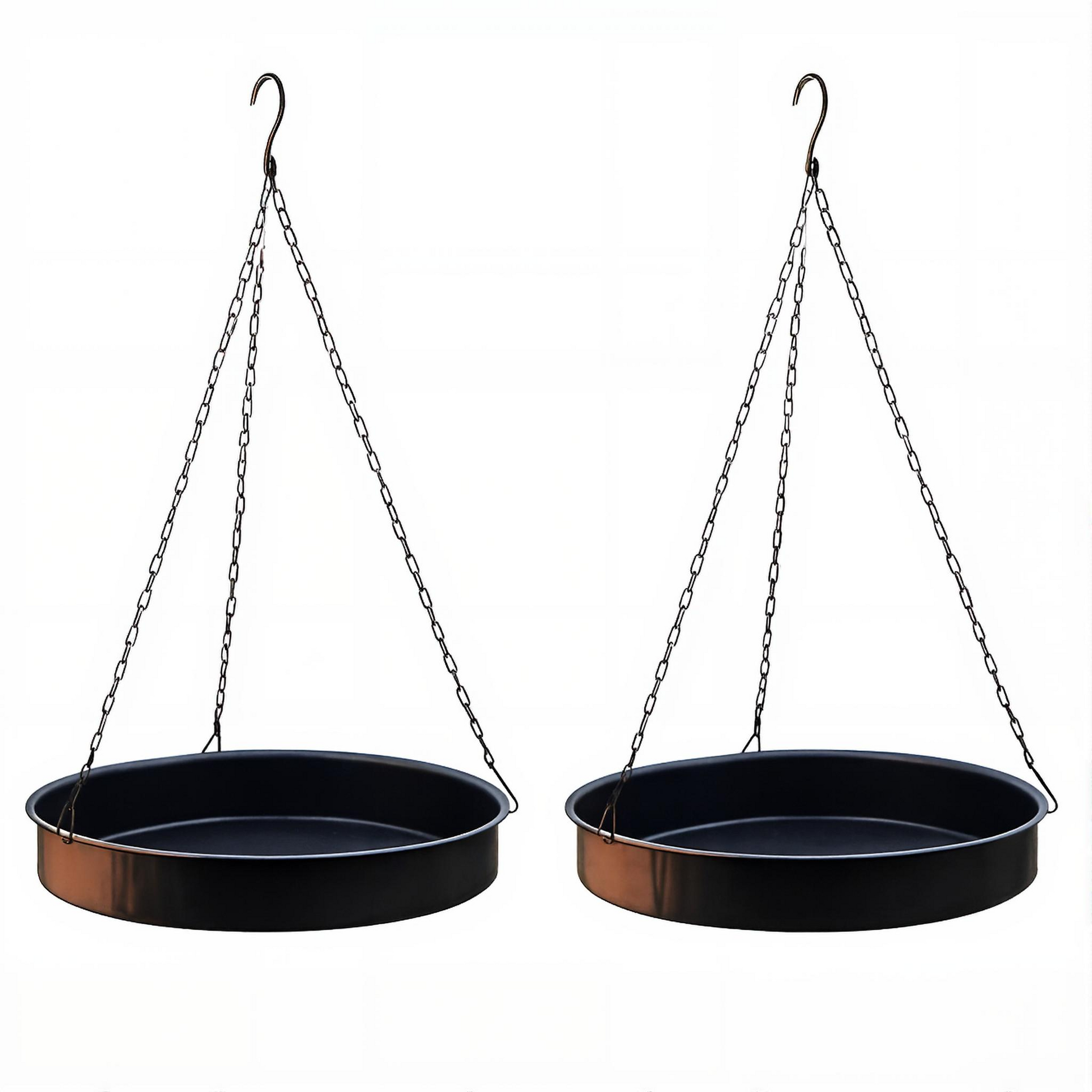 Two black hanging planters with chains on a white background