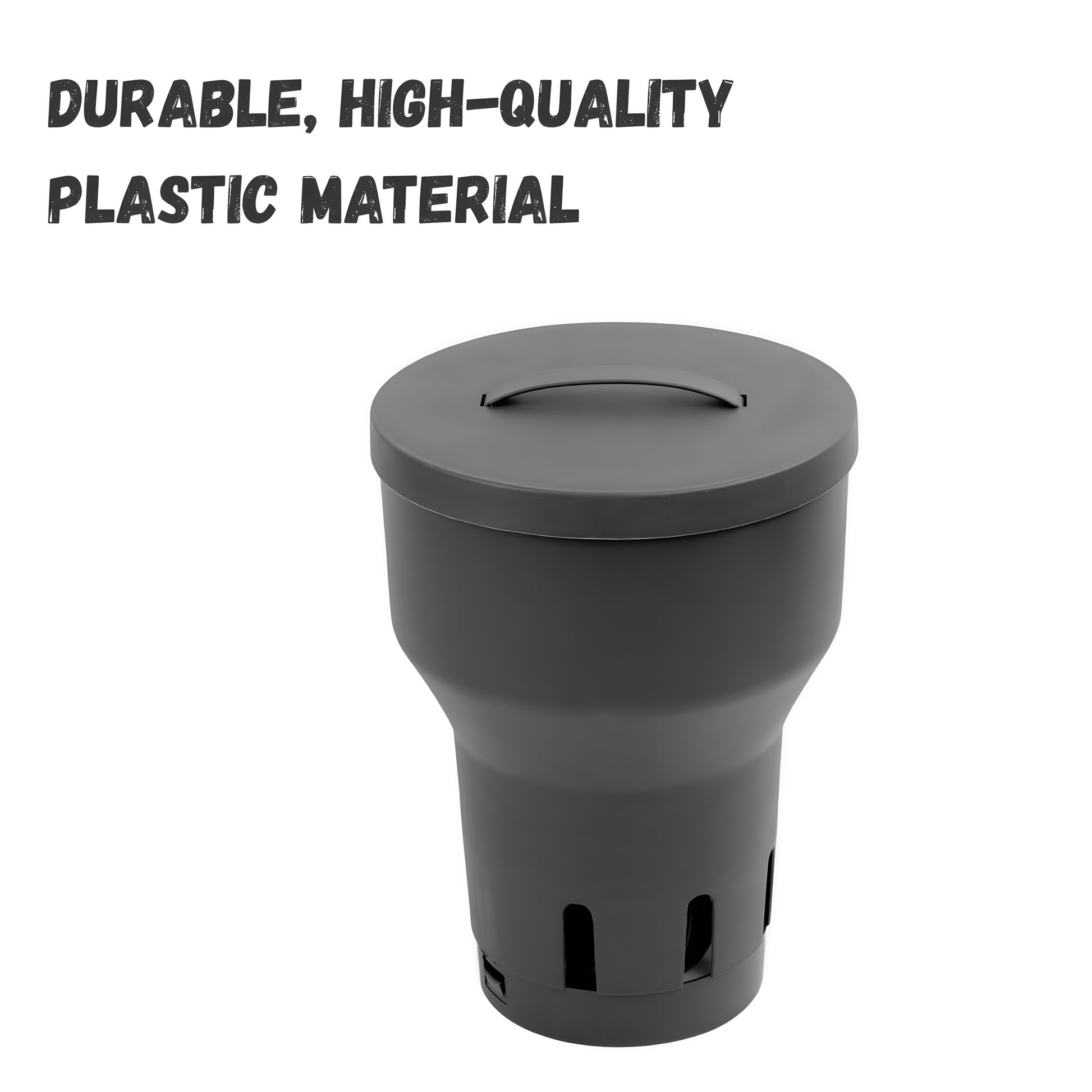 Gray plastic cup with lid on a white background, text 'Durable, High-Quality Plastic Material'.