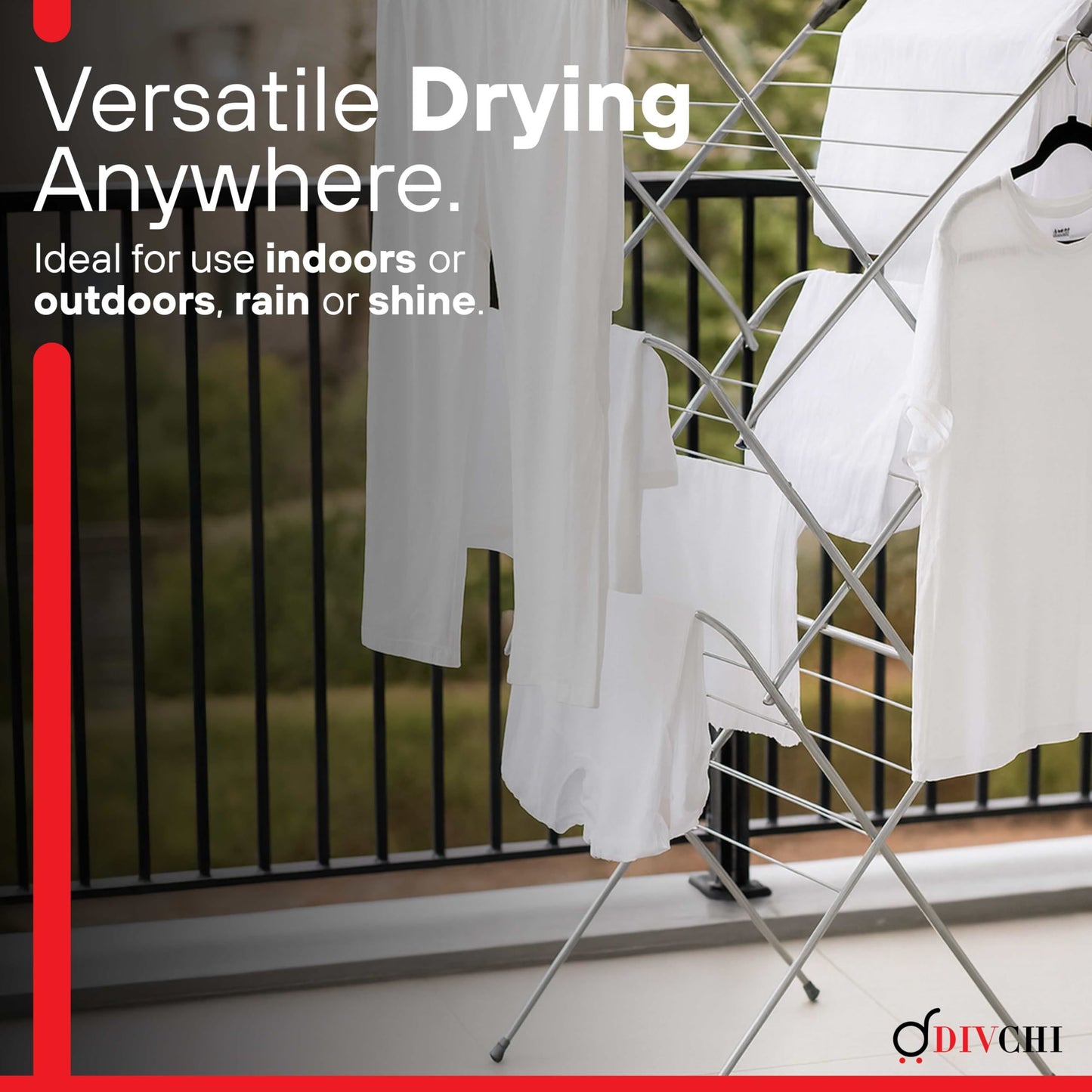 DIVCHI clothes drying rack used outdoors on a balcony for versatile laundry drying.