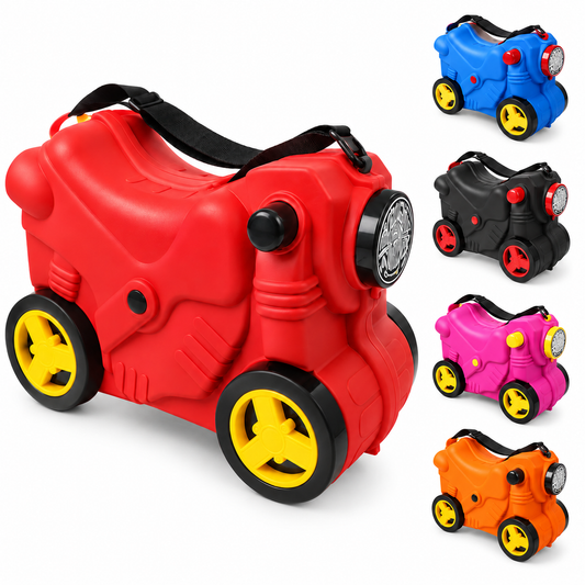 DIVCHI kids ride on motorcycle suitcase in red, blue, black, pink and orange