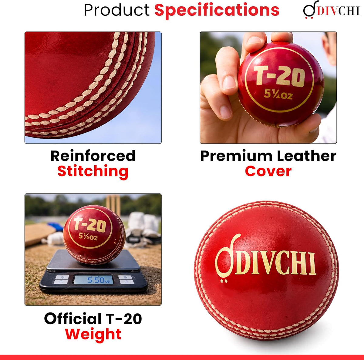 DIVCHI cricket ball specifications: reinforced stitching, leather cover, 5½oz weight