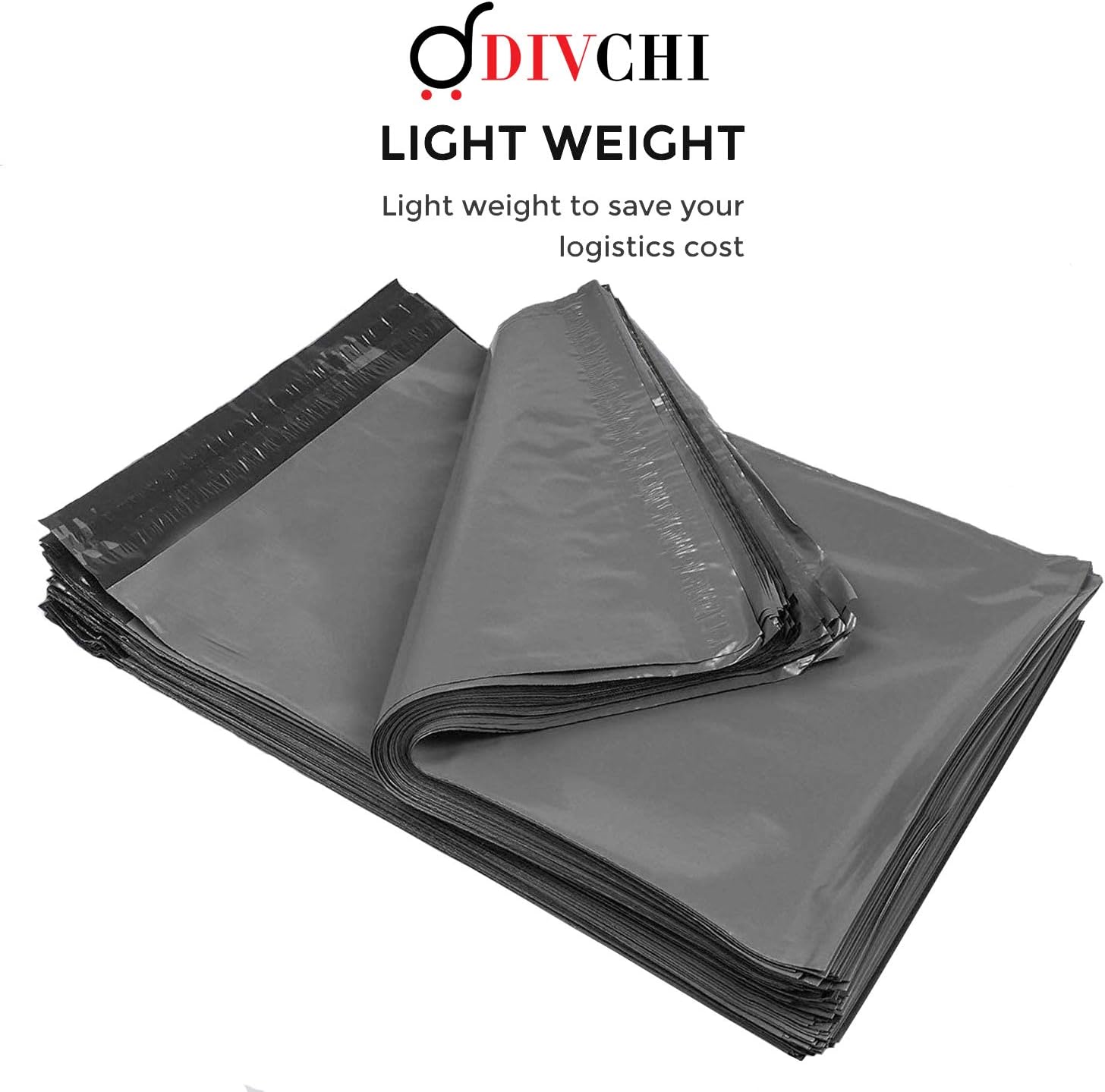 Stack of DIVCHI lightweight grey mailing bags with branding.