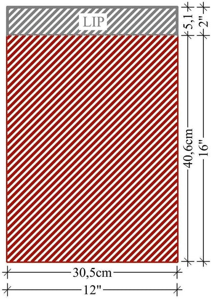 Diagram of mailing bag showing dimensions 12 x 16 inches with lip.