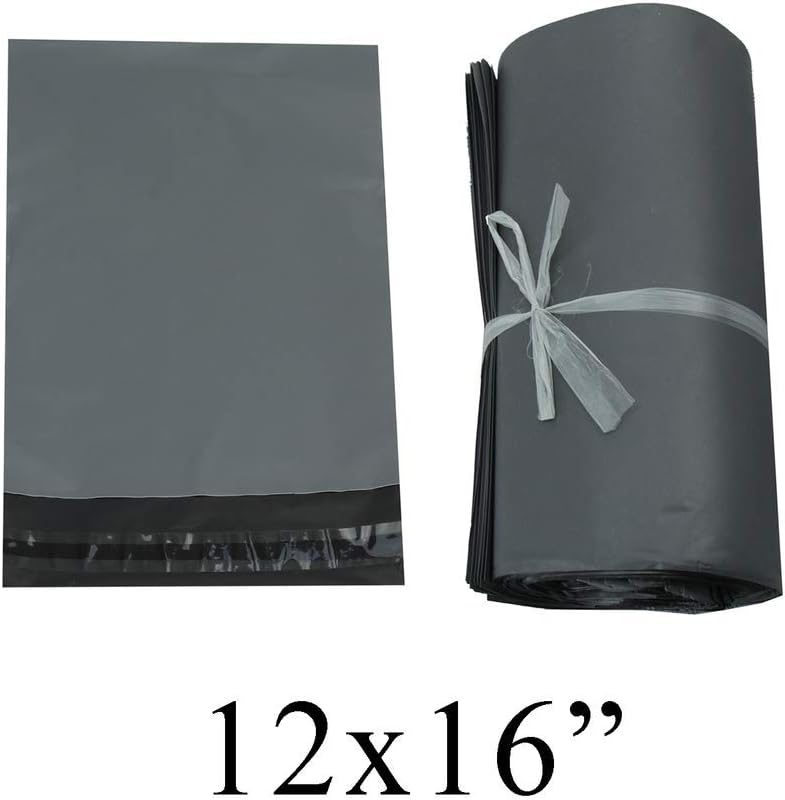 Flat poly mailing bag alongside a roll of multiple bags, 12x16 inches.