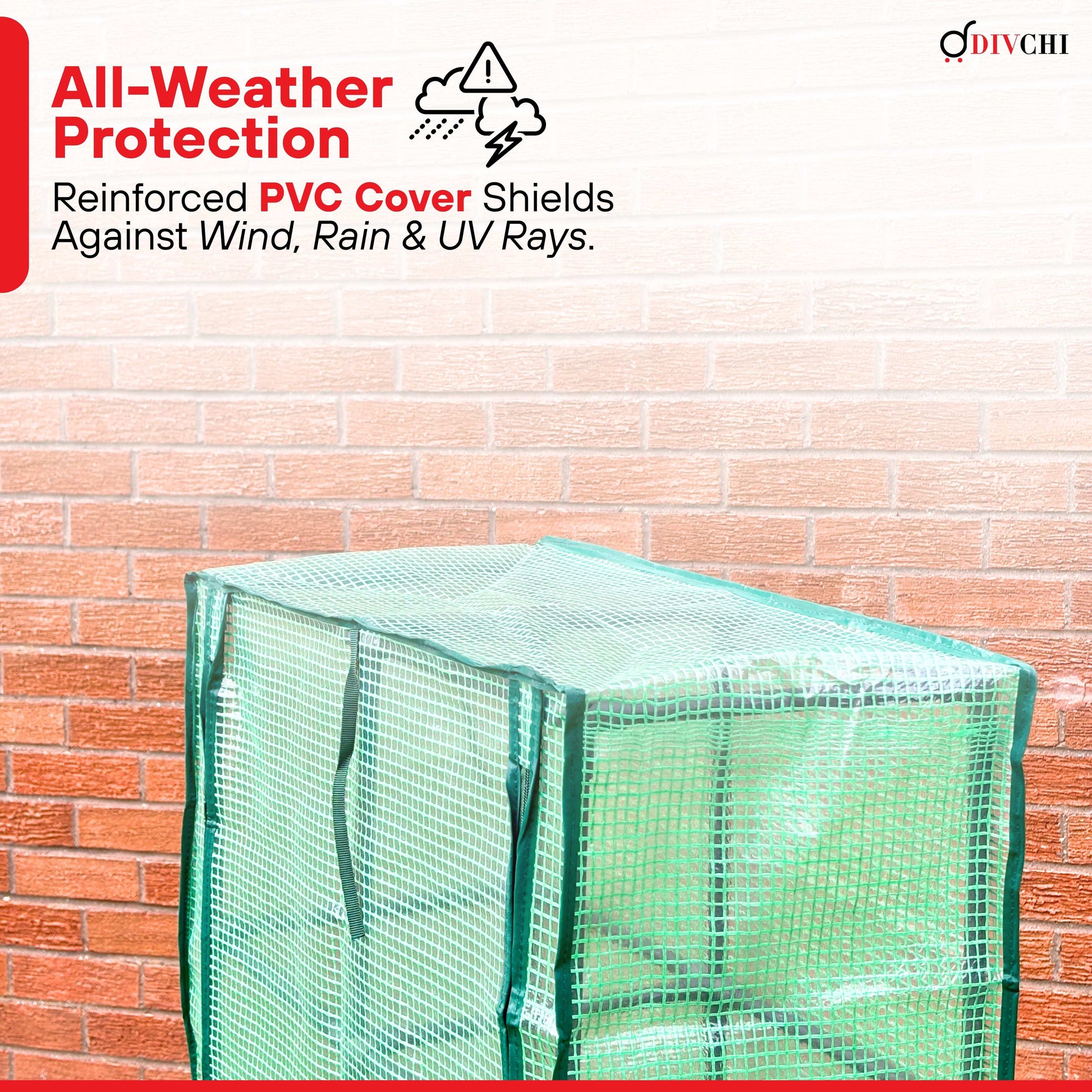 Green reinforced PVC cover shield against a brick wall with text about all-weather protection.