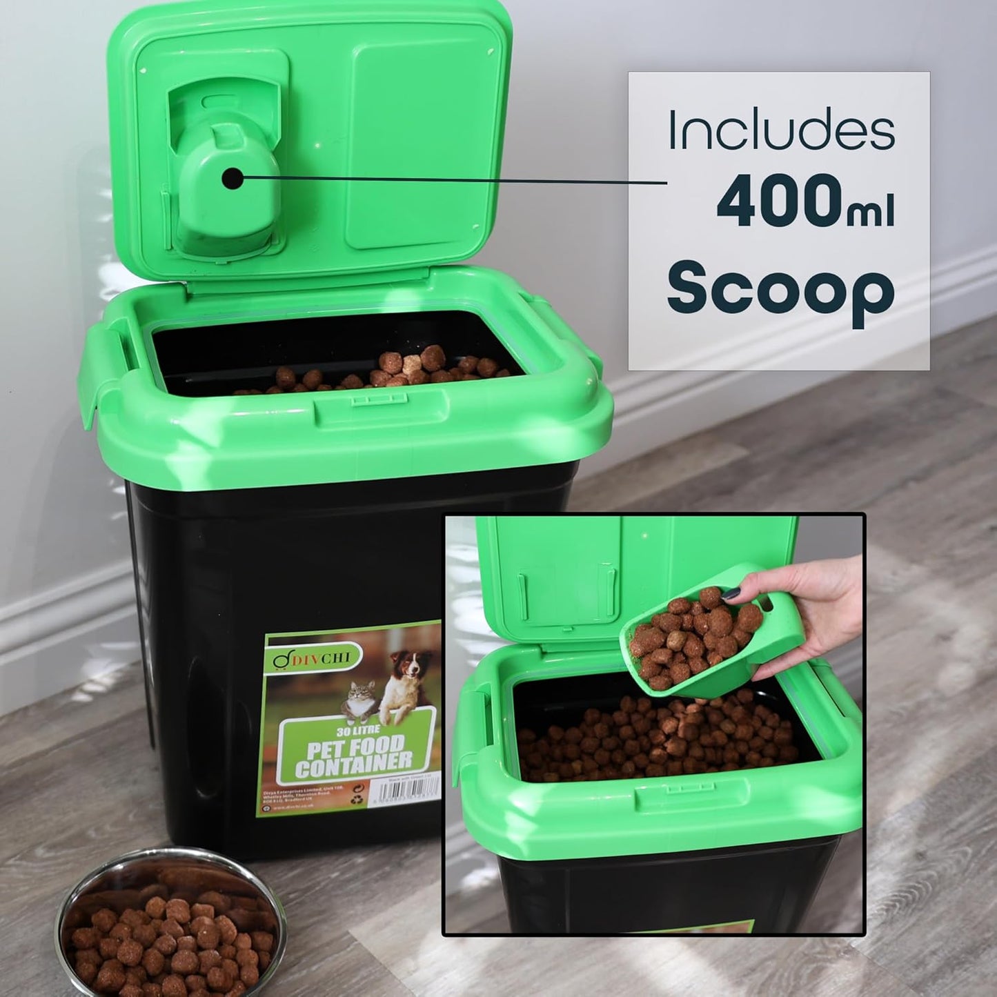Open green-lid pet food bin with food inside and 400ml scoop displayed