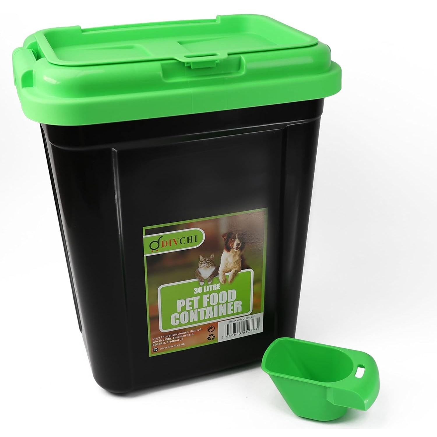DIVCHI 30L black pet food storage container with green lid and matching scoop
