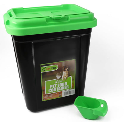 DIVCHI 30L black pet food storage container with green lid and matching scoop