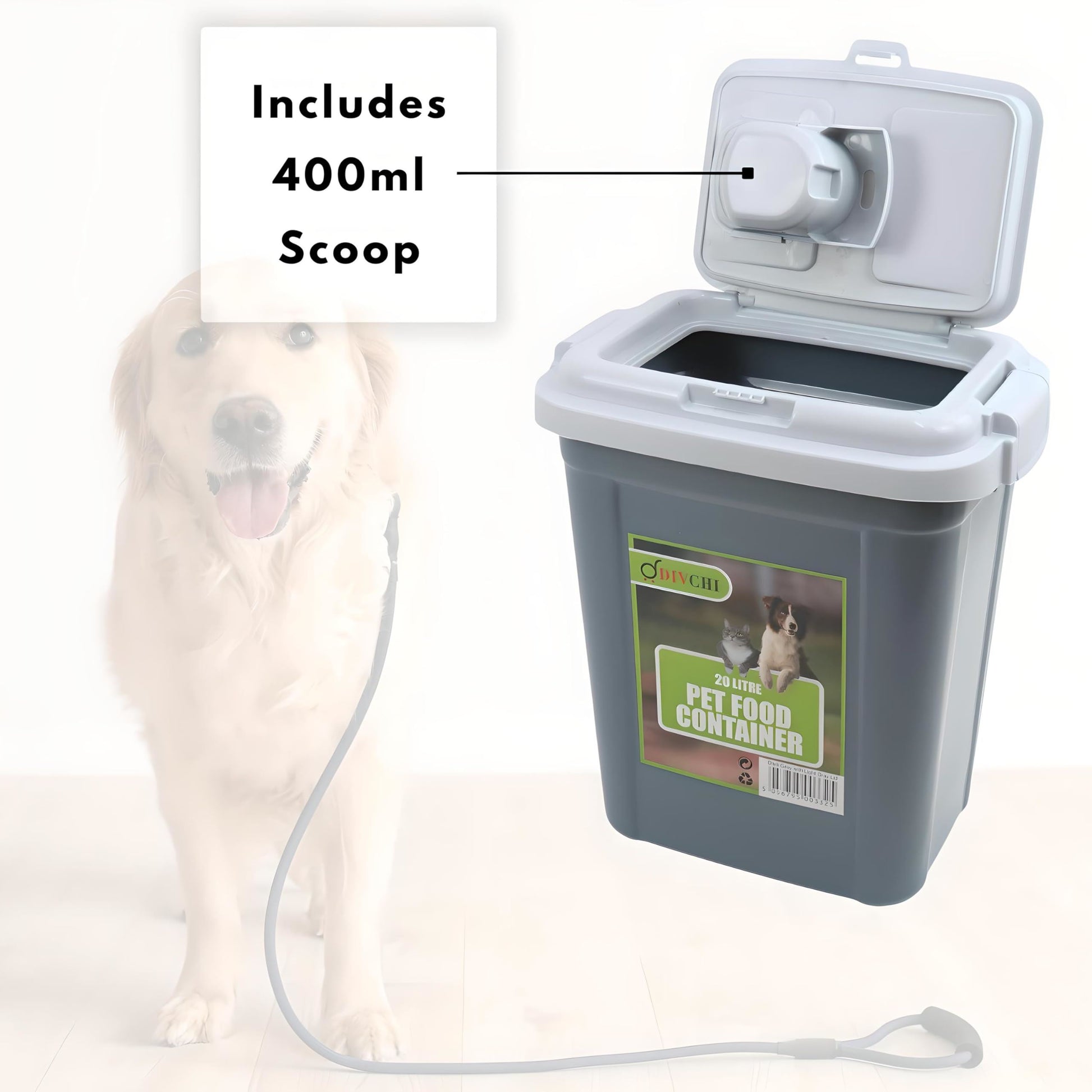 DIVCHI dark grey pet food container with 400ml measuring scoop