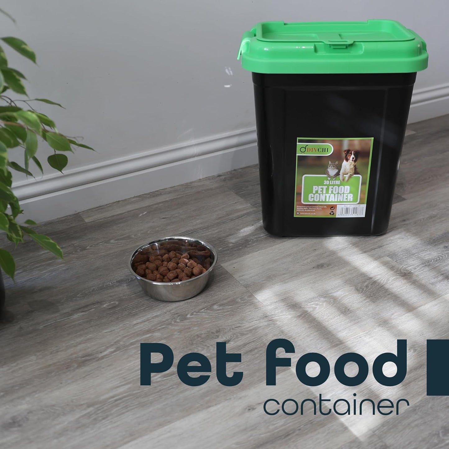 DIVCHI airtight pet food container placed beside a pet food bowl in home interior