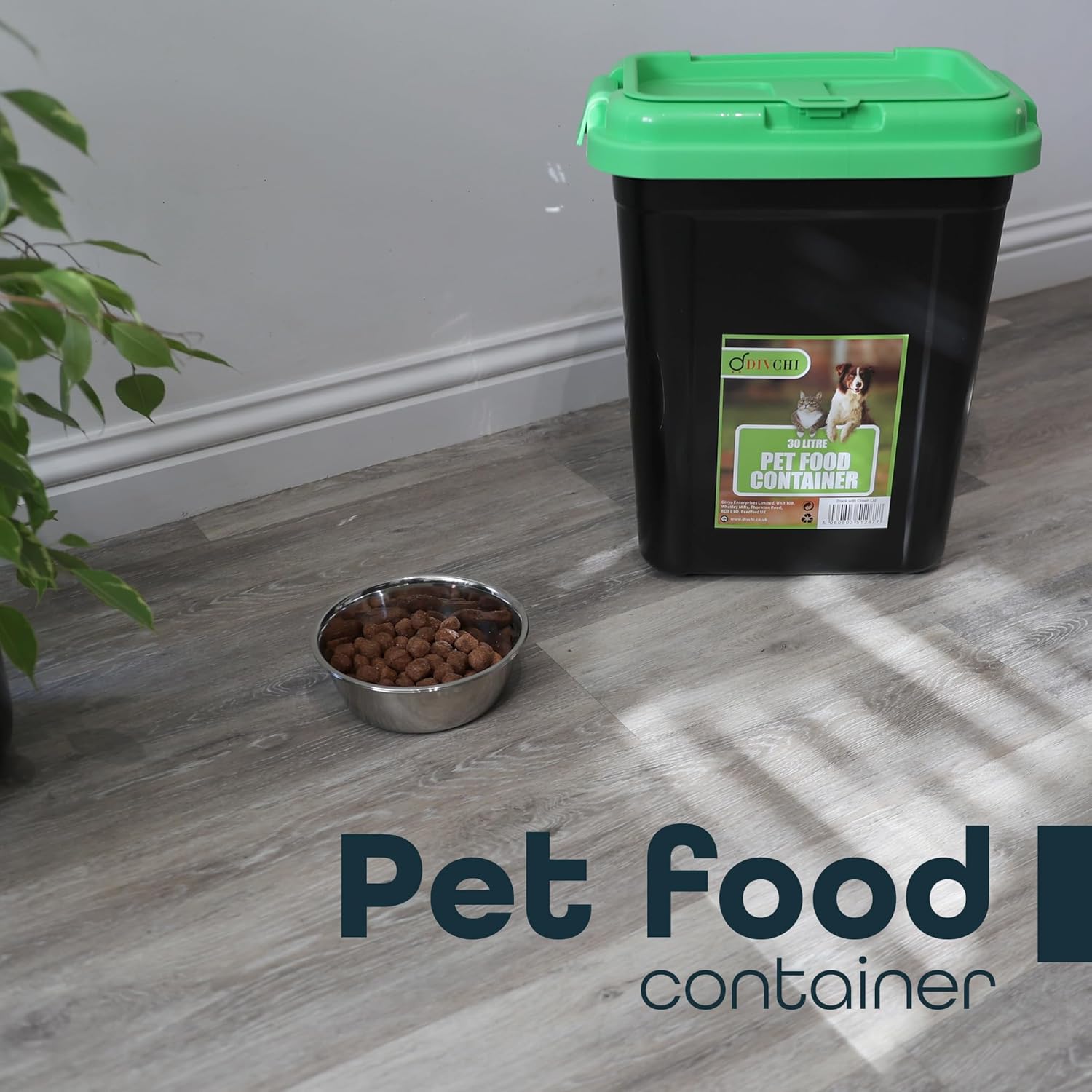 DIVCHI airtight pet food container placed beside a pet food bowl in home interior