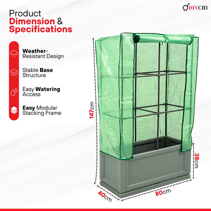 Green mesh cover on a raised garden bed with dimensions and features listed.