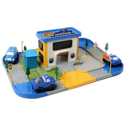 DIVCHI police station playset with 3 police vehicles, roads, barrier and signs