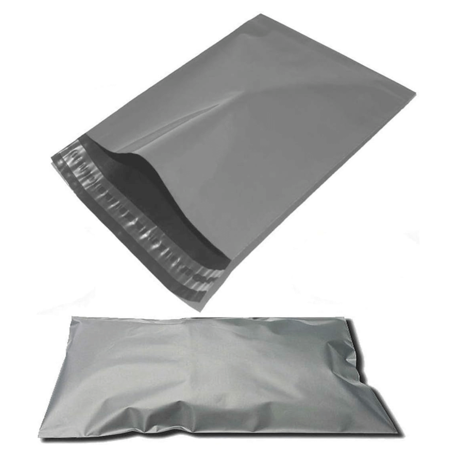 Open grey poly mailing bag with self-sealing adhesive strip.
