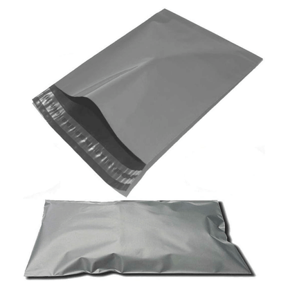 Open grey poly mailing bag with self-sealing adhesive strip.