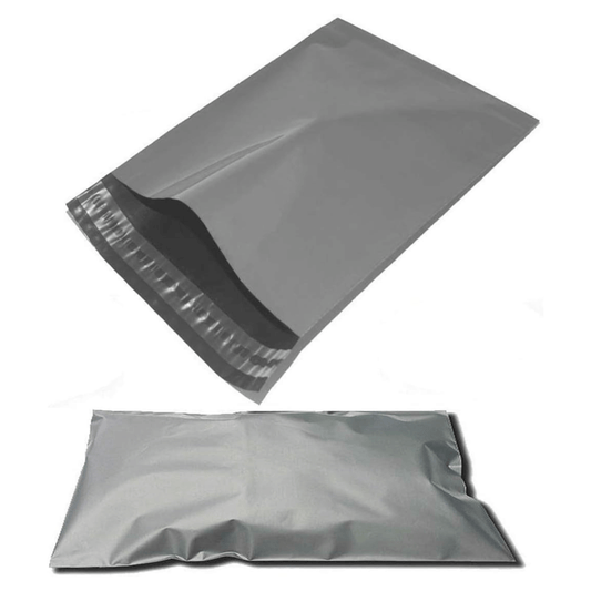 Open grey poly mailing bag with self-sealing adhesive strip.