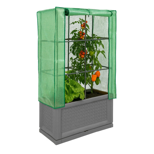Tall garden planter with green mesh cover and plants inside on a white background