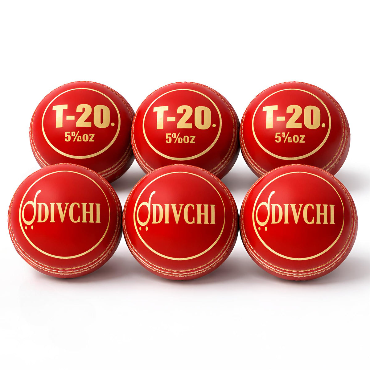 DIVCHI pack of 6 red leather T20 cricket balls, 5½oz, with gold DIVCHI logo