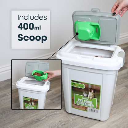DIVCHI white pet food container with grey lid opened to reveal the built-in scoop holder and a green 400ml scoop for easy serving.