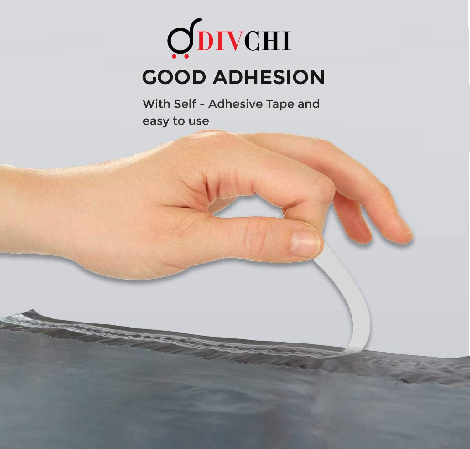 Hand peeling self-adhesive strip on a DIVCHI grey mailing bag.