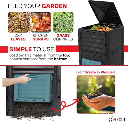 Composting bin with instructions on feeding a garden with organic materials, labeled 'Divacchi'.