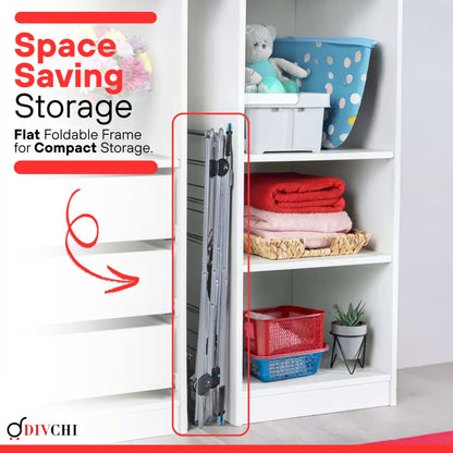 DIVCHI drying rack folded flat and stored compactly inside a cupboard.