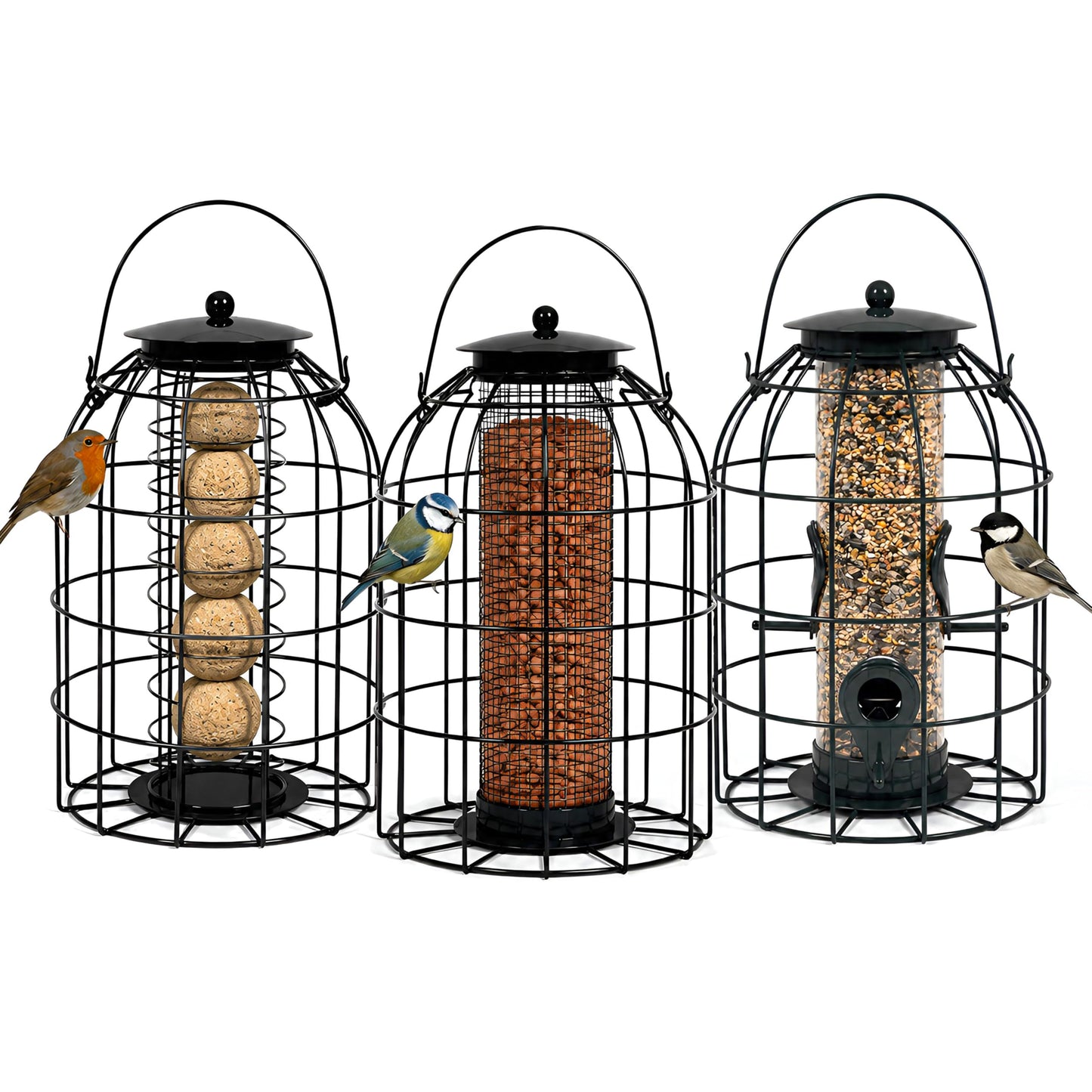 DIVCHI three-pack squirrel-resistant metal bird feeders for seeds, peanuts and fat balls
