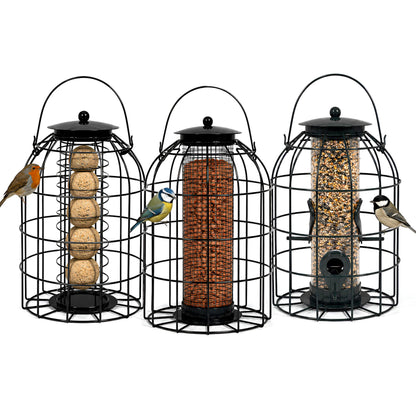 DIVCHI three-pack squirrel-resistant metal bird feeders for seeds, peanuts and fat balls