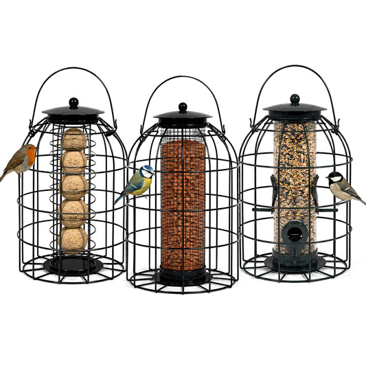 DIVCHI three-pack squirrel-resistant metal bird feeders for seeds, peanuts and fat balls