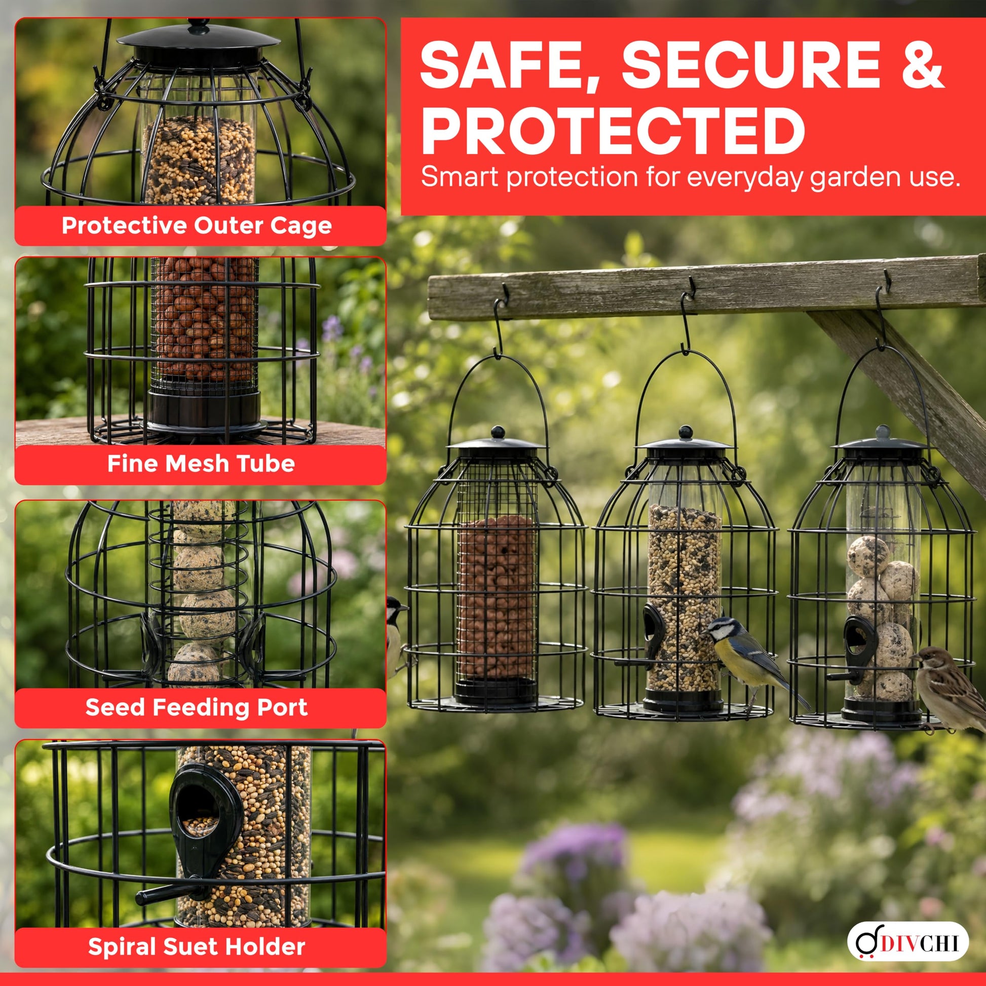 DIVCHI squirrel-resistant bird feeders hanging outdoors