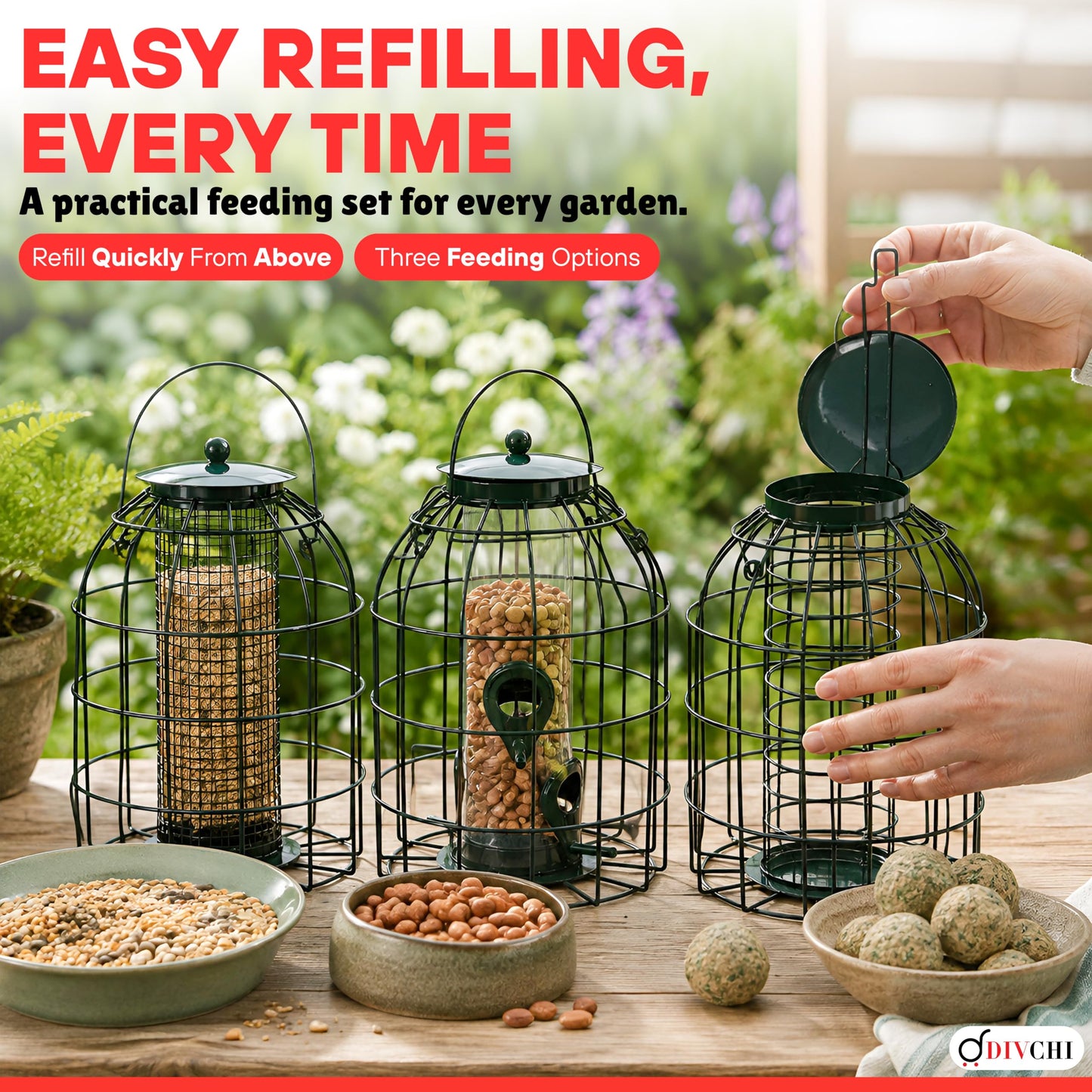 Caged seed, peanut and fat ball bird feeder set
