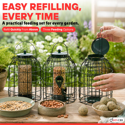 Caged seed, peanut and fat ball bird feeder set