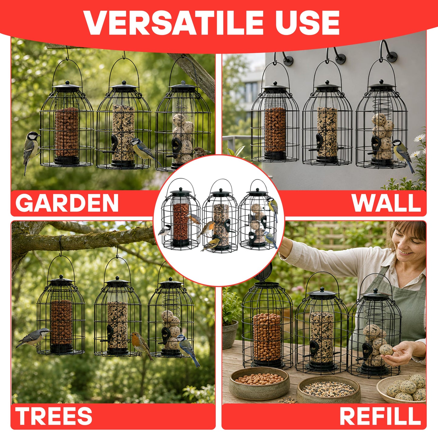 Metal hanging wild bird feeder with protective cage