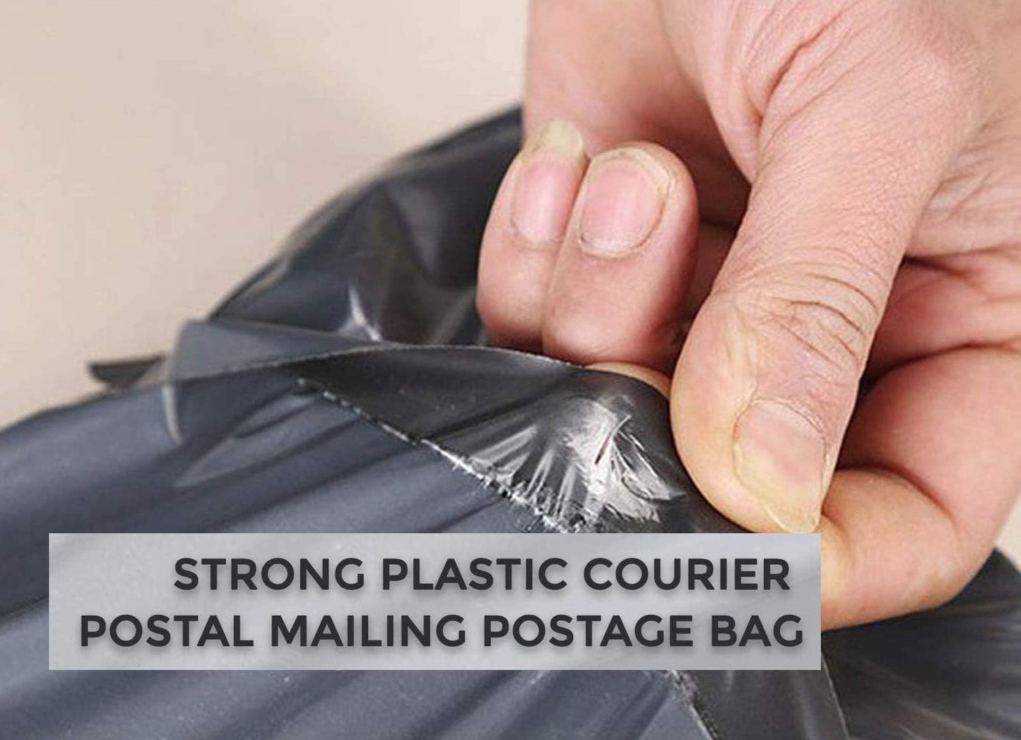 Strong poly mailing bag being stretched to show tear resistance.
