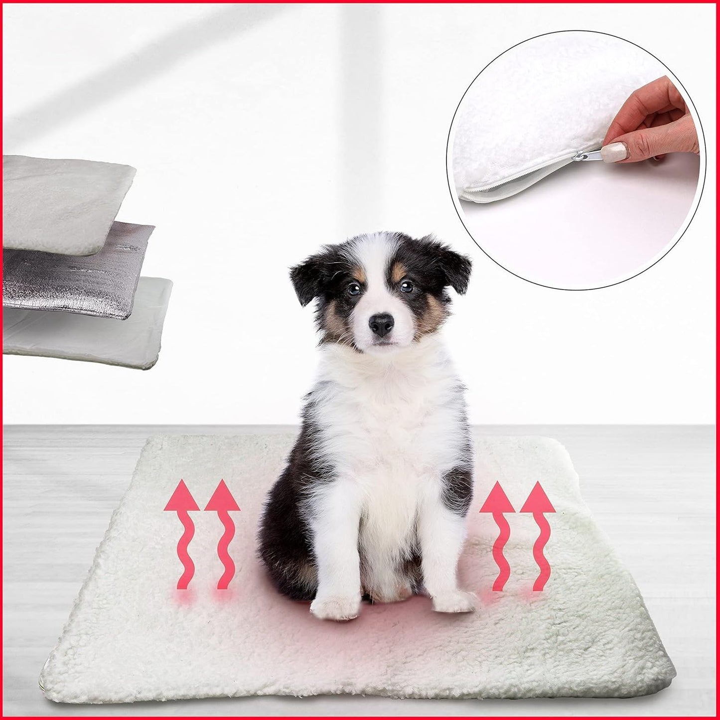 DIVCHI dog heating pad with arrows showing warmth and zip showing removable inner layer