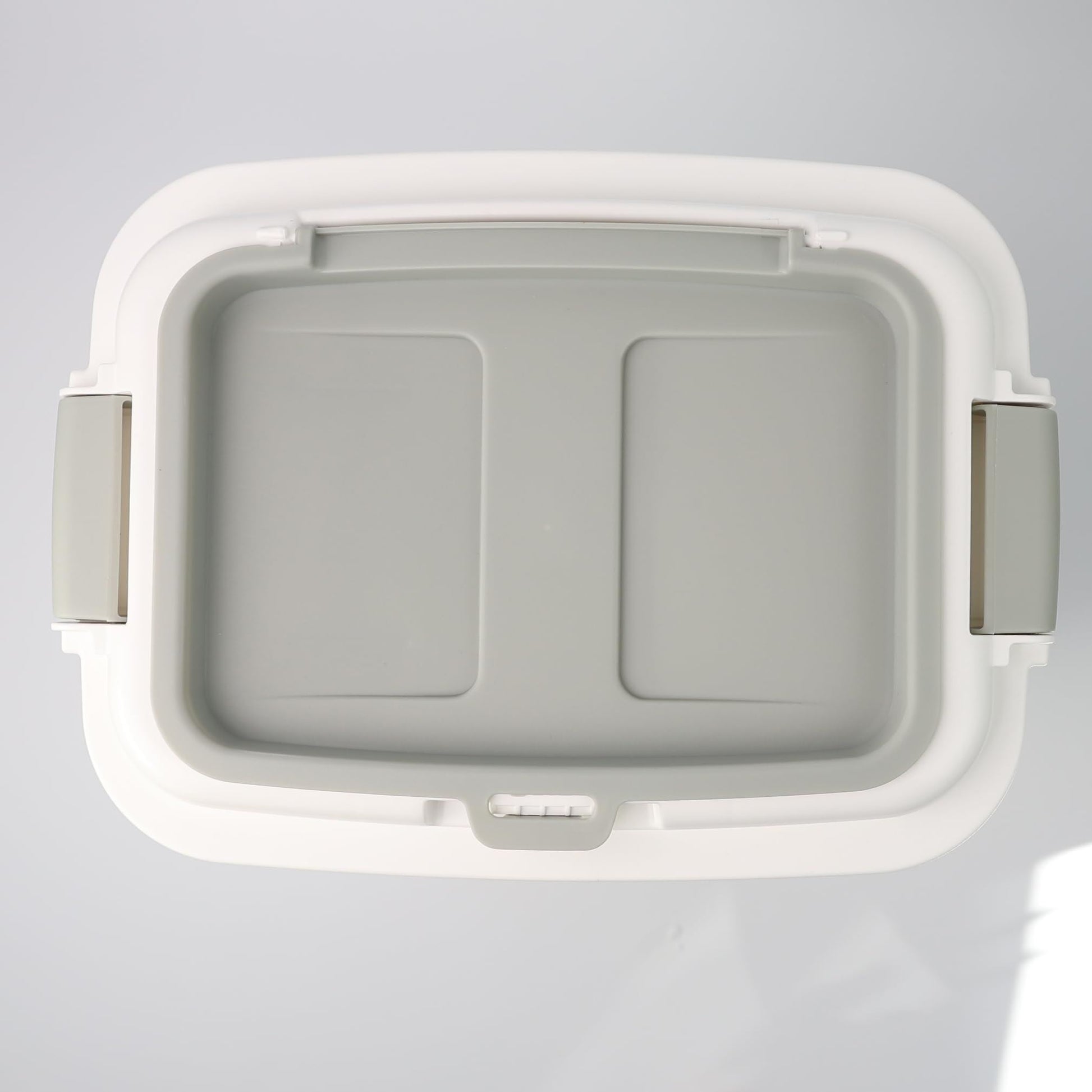 Top view of the DIVCHI white pet food container showing its flat grey lid with snap-locking side handles.