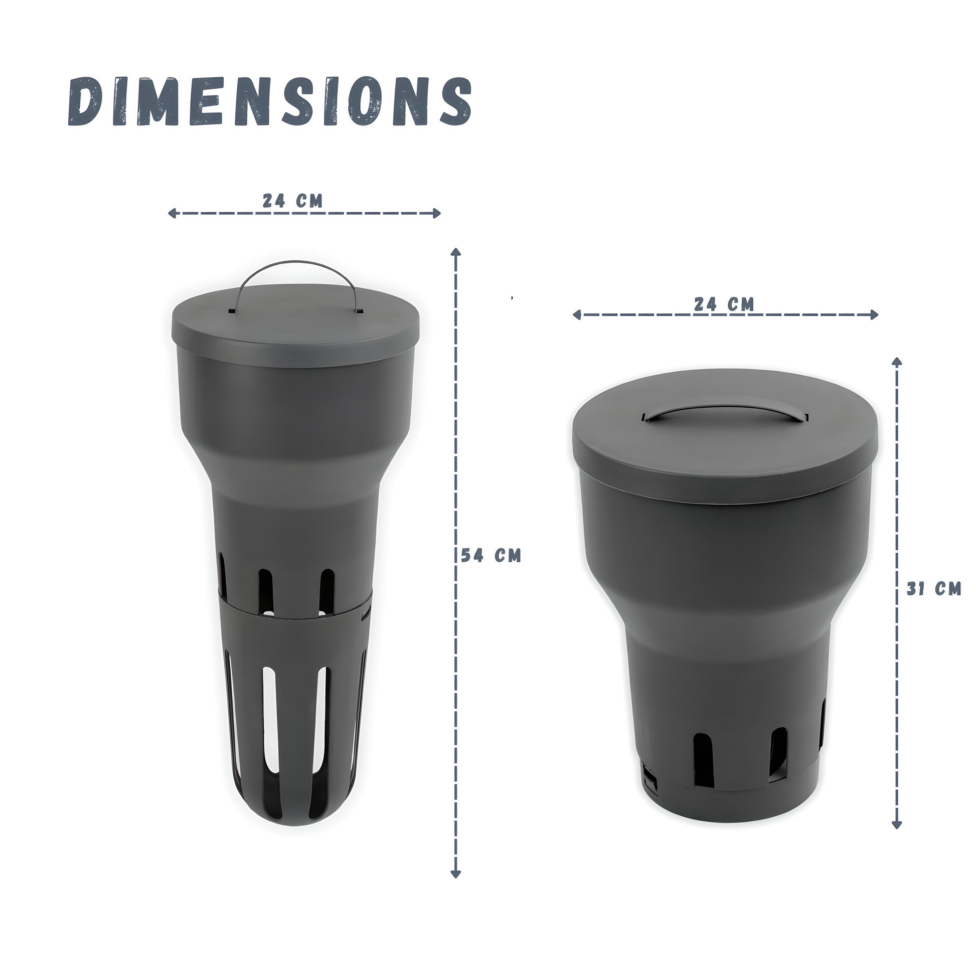 Two gray cylindrical containers with dimensions labeled on a white background