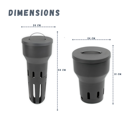 Two gray cylindrical containers with dimensions labeled on a white background