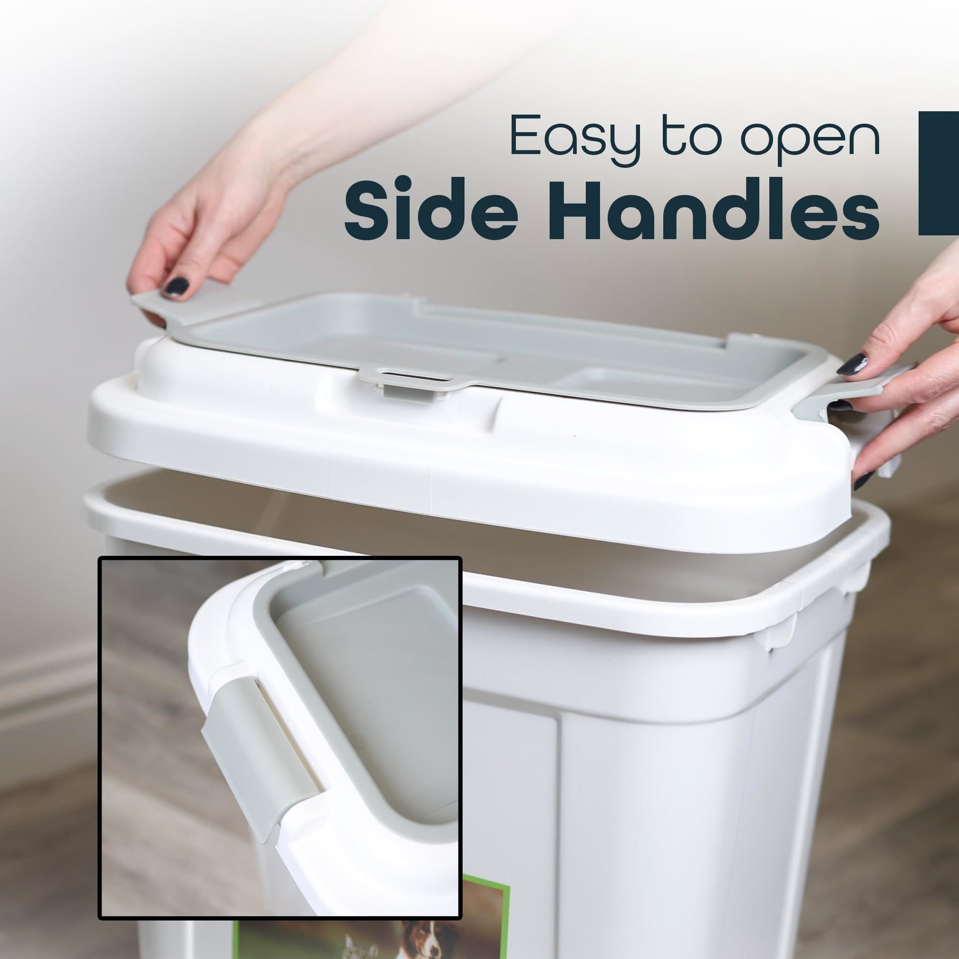 Close-up of side handles on the DIVCHI white pet food storage bin with grey lid – easy to open and securely fasten.