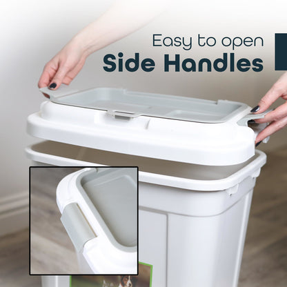 Close-up of side handles on the DIVCHI white pet food storage bin with grey lid – easy to open and securely fasten.