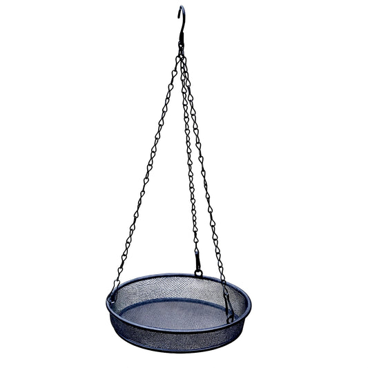 Black metal hanging bird bath with chain on a white background