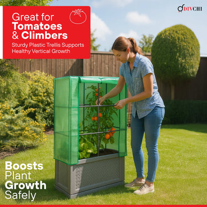 Woman tending to plants in a vertical garden system with text about its benefits.