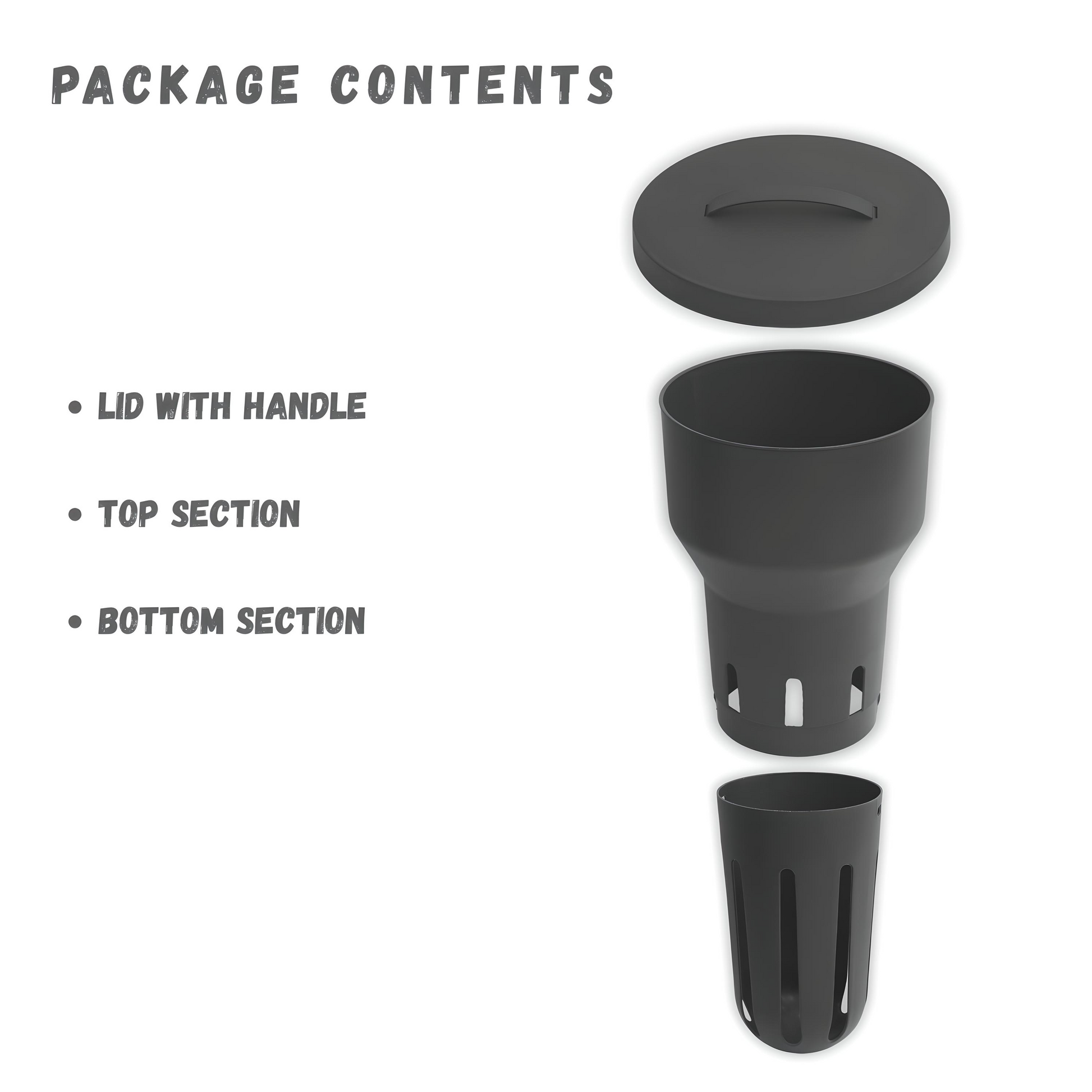 Black reusable cup with lid and top section on a white background
