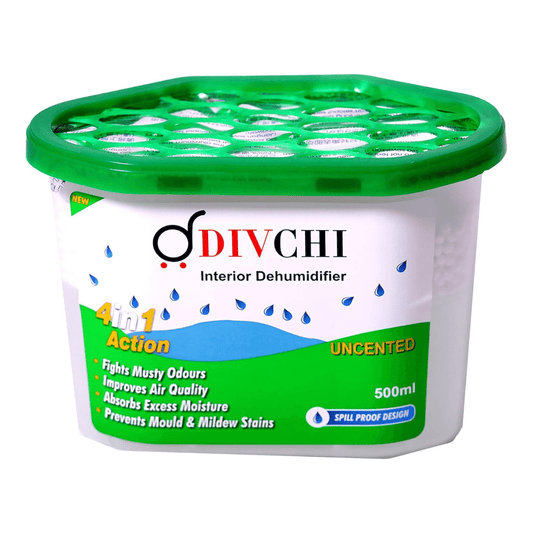 Close-up of DIVCHI dehumidifier with clear branding on white background