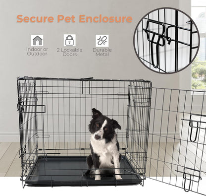 Dog sitting inside a secure pet enclosure with double locking doors