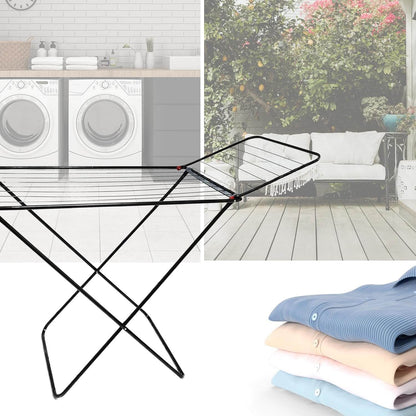 Black drying rack displayed in indoor and outdoor settings for versatile laundry use