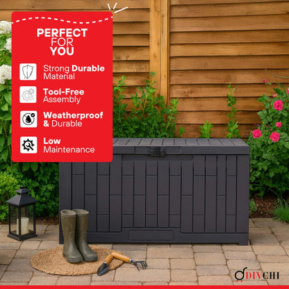 DIVCHI Outdoor Storage Box Waterproof Deck Box for Garden Tools Patio Cushions and Pool Accessories Lockable Easy Assembly Versatile Bench or Table (80 Gallon)