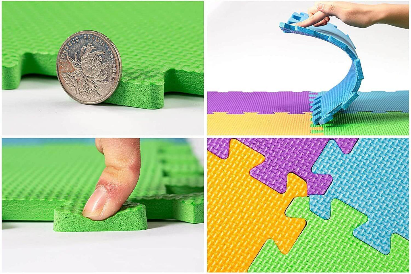 Close-up views showing softness, bend, and thickness of foam tiles