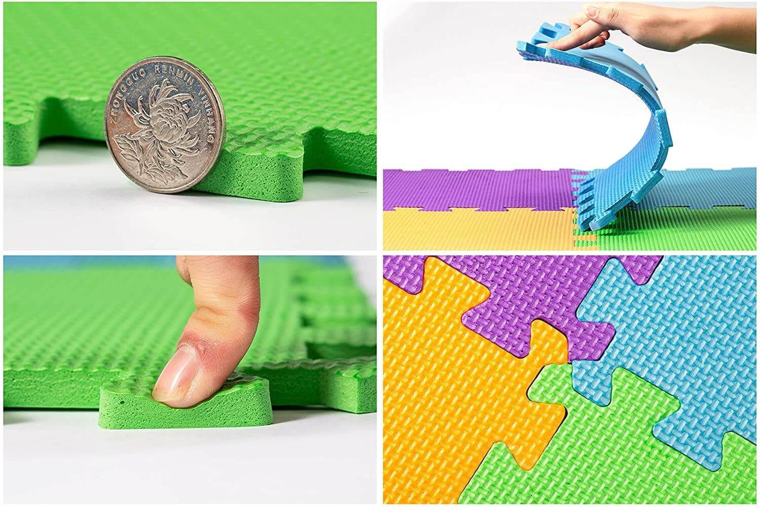 Close-up views showing softness, bend, and thickness of foam tiles